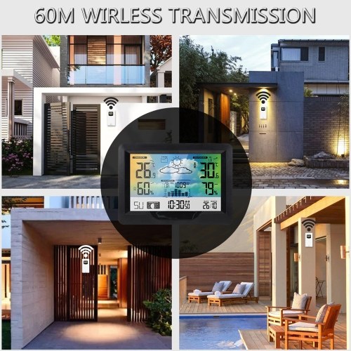 Wireless Weather Station Indoor Outdoor Color Screen Weather Forecast Station with Outdoor Sensor Digital Temperature and Humidity Gauge with Alarm Clock Moon Phase Backlight Sooze Mode 