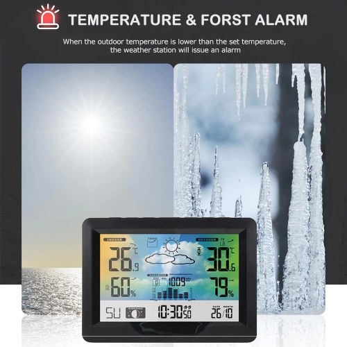 Wireless Weather Station Indoor Outdoor Color Screen Weather Forecast Station with Outdoor Sensor Digital Temperature and Humidity Gauge with Alarm Clock Moon Phase Backlight Sooze Mode 