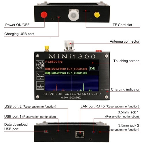 

Professional Vector Antenna Analyzer 4.3 Inch Digital Display Touching Screen 0.1~1300MHz HF/VHF/UHF/ANT/SWR RF Multimeter with TF Card