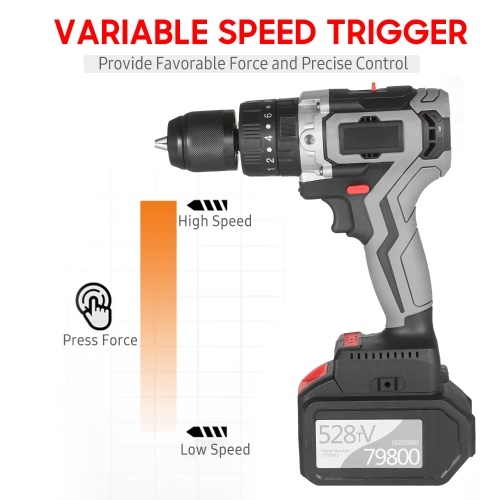 Cordless Drill Driver 21V 6.0A Battery Max Torque 200N.m 1/2 Inch Metal Keyless Chuck 20+3 Position 0-1550RMP Variable Speed Impact Hammer Drill Screwdriver With Plastic Tool Box