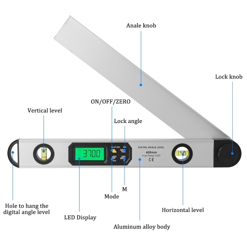 

0~225° 400mm Aluminum Alloy Digital Protractor Angle Meter Multi-function Angle Ruler