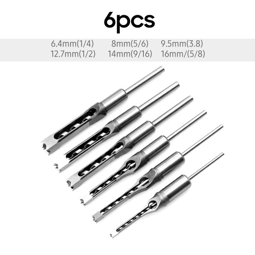 

6pcs Square Hole Drill Bit Woodworking Hole Saw Mortising Chisel Steel Drill Bits Set 1/4 inch, 5/16 inch, 3/8 inch, 1/2 inch, 9/16 inch, 5/8 inch for Wood