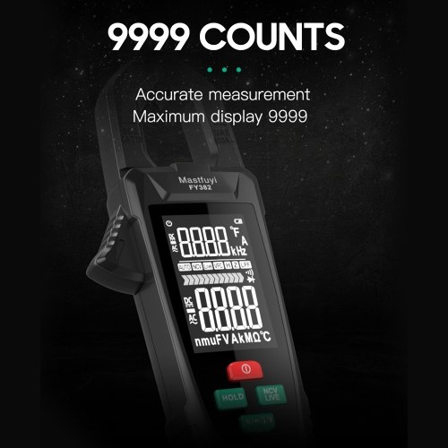 Mastfuyi FY382 Smart Clamp Meter True RMS 9999 Counts Digital Multimeter Temperature Tester LCD Screen AC DC Voltage AC Current Detector with LED Flashlight Multifunction Voltage Meter Capacitance Resistance Frequency Continuity Testing with Alarm Buzzer 