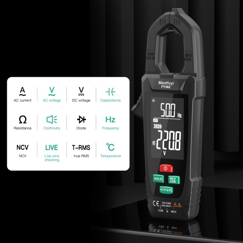 Mastfuyi FY382 Smart Clamp Meter True RMS 9999 Counts Digital Multimeter Temperature Tester LCD Screen AC DC Voltage AC Current Detector with LED Flashlight Multifunction Voltage Meter Capacitance Resistance Frequency Continuity Testing with Alarm Buzzer 
