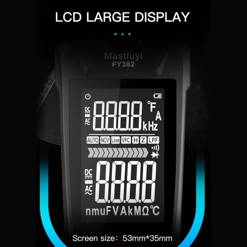 Mastfuyi FY382 Smart Clamp Meter True RMS 9999 Counts Digital Multimeter Temperature Tester LCD Screen AC DC Voltage AC Current Detector with LED Flashlight Multifunction Voltage Meter Capacitance Resistance Frequency Continuity Testing with Alarm Buzzer 