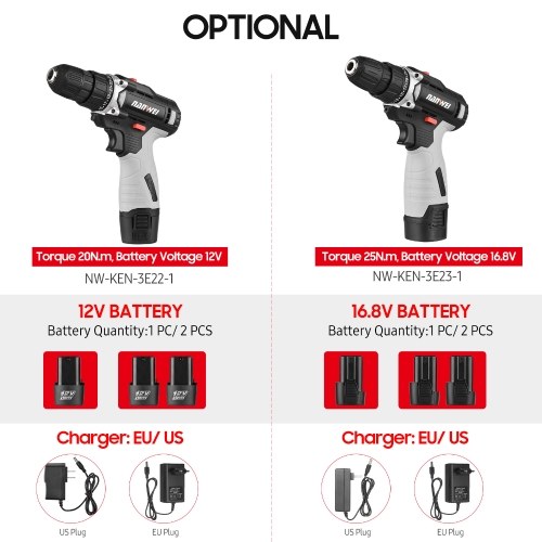 

NANWEI 16.8V Portable Cordless Drill 3/8 Inch Chuck 25+1 Gear Adjustment Handheld Electric Drill Power Drill with Battery Indicator LED Work Light 2-variable Speed 25N.m Max Torque Includes 1500mAh Battery & Fast Charger