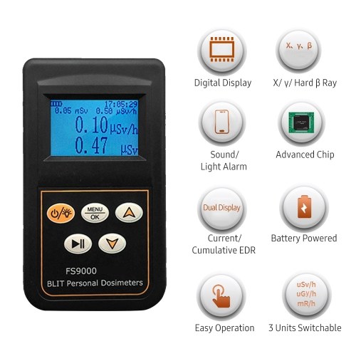 

Portable Radiation Tester Digital Backlight Dose Alarm X/ γ/ Hard β Ray Detecting Current & Cumulative DER Display Geiger Counter Dosimeter Monitor for Electromagnetic Field Factory Steel Mineral Stone Detection