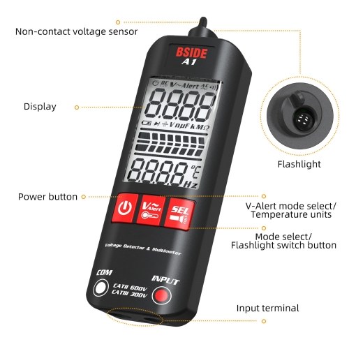 BSIDE A1 Mini Multimeter LCD Digital Tester Voltage Detector 2000 Counts DC/AC Voltage Frequency Resistance NCV Continuity Live Wire Neutral Wire Check True RMS Meter 