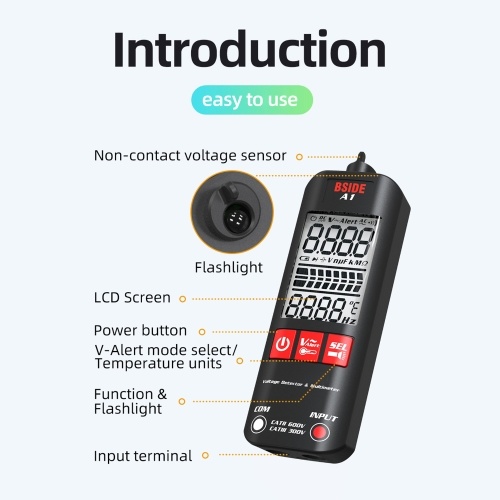BSIDE A1 Mini Multimeter LCD Digital Tester Voltage Detector 2000 Counts DC/AC Voltage Frequency Resistance NCV Continuity Live Wire Neutral Wire Check True RMS Meter 