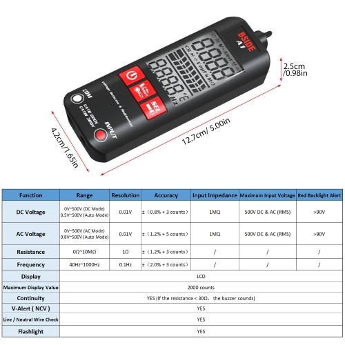 BSIDE A1 Mini Multimeter LCD Digital Tester Voltage Detector 2000 Counts DC/AC Voltage Frequency Resistance NCV Continuity Live Wire Neutral Wire Check True RMS Meter 