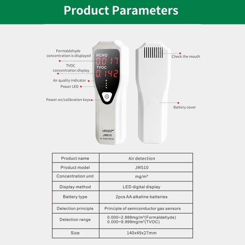NOYAFA Portable Formaldehyde Detector Indoor Air Quality Monitor HCHO and TVOC Monitor with Audible Alarm LED Indicator for Home HVAC System 