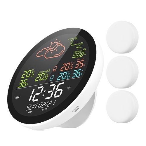 wifi Smart Weather Station with Clock Indoor and Outdoor Temperature & Humidity Meter Multifunctional Large Color Screen Weather Clock Temp. & Humidity Gauge with 3 Sensor