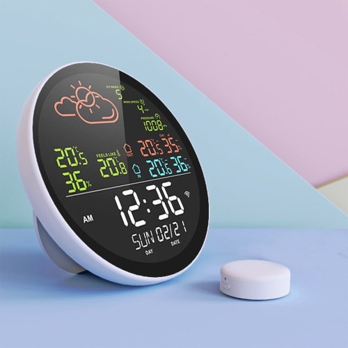 wifi Smart Weather Station with Clock Indoor and Outdoor Temperature & Humidity Meter Multifunctional Large Color Screen Weather Clock Temp. & Humidity Gauge with 3 Sensor
