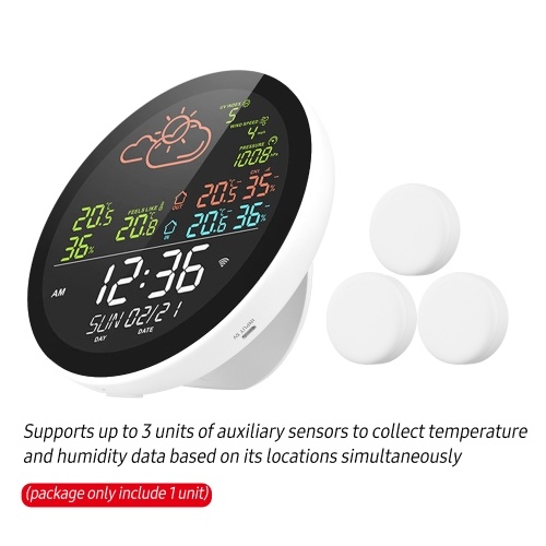 wifi Smart Weather Station with Clock Indoor and Outdoor Temperature & Humidity Meter Multifunctional Large Color Screen Weather Clock Temp. & Humidity Gauge with 3 Sensor