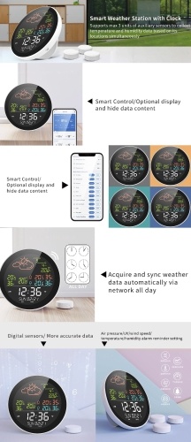 wifi Smart Weather Station with Clock Indoor and Outdoor Temperature & Humidity Meter Multifunctional Large Color Screen Weather Clock Temp. & Humidity Gauge with 3 Sensor