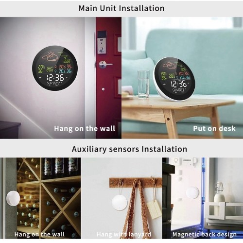 wifi Smart Weather Station with Clock Indoor and Outdoor Temperature & Humidity Meter Multifunctional Large Color Screen Weather Clock Temp. & Humidity Gauge with 3 Sensor