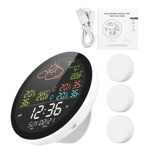 wifi Smart Weather Station with Clock Indoor and Outdoor Temperature & Humidity Meter Multifunctional Large Color Screen Weather Clock Temp. & Humidity Gauge with 3 Sensor