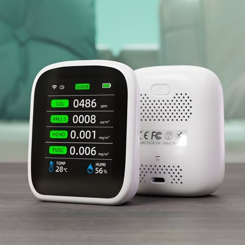 Tuya Wifi Portable Air Quality Meter 8in1 PM1.0 PM2.5 PM10 CO2 TVOC HCHO Temperature and Humidity Tester LCD Color Screen Carbon Dioxide Detector with Time and Date Display Function 
