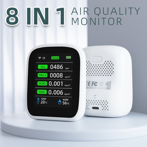 Tuya Wifi Portable Air Quality Meter 8in1 PM1.0 PM2.5 PM10 CO2 TVOC HCHO Temperature and Humidity Tester LCD Color Screen Carbon Dioxide Detector with Time and Date Display Function 