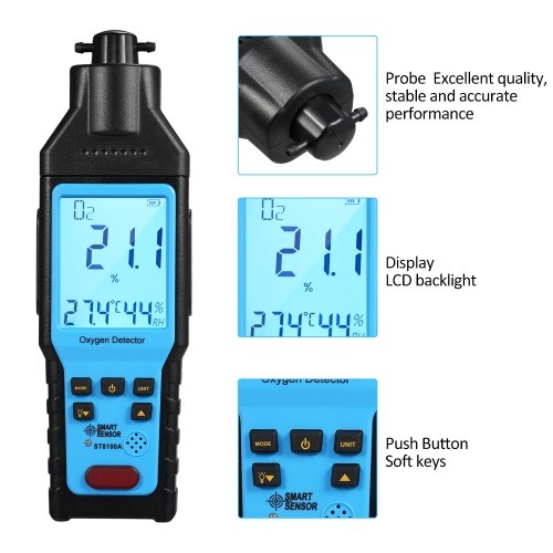 SMART SENSOR Oxygen Gas Detector Digital Portable Handheld O₂ Gas Tester Rechargeable Precision Oxygen Meter O₂ Concentration Measurement Tester Device for Climbing Tunnel Laboratory and Industry 