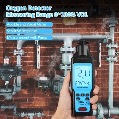 SMART SENSOR Oxygen Gas Detector Digital Portable Handheld O₂ Gas Tester Rechargeable Precision Oxygen Meter O₂ Concentration Measurement Tester Device for Climbing Tunnel Laboratory and Industry 