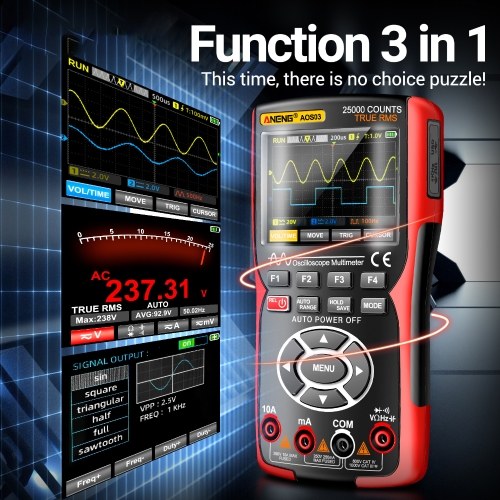3-in-1 Handheld Oscilloscope Multimeter Signal Generator Dual Channel 50MHz Bandwidth 280MSa/s High Sampling Professional Oscilloscope 25000Count Digital Multimeter Voltmeter 
