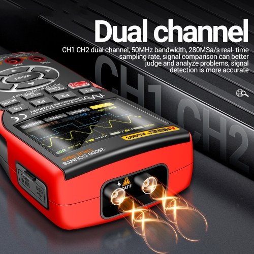 3-in-1 Handheld Oscilloscope Multimeter Signal Generator Dual Channel 50MHz Bandwidth 280MSa/s High Sampling Professional Oscilloscope 25000Count Digital Multimeter Voltmeter 