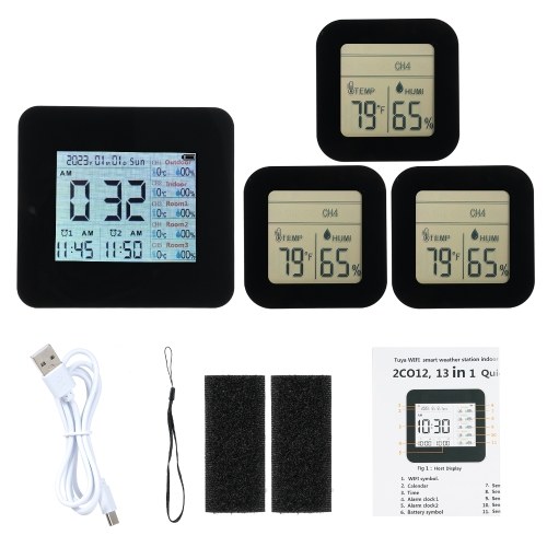13-in-1 Digital Hygrometer Indoor Outdoor Thermometer with 3 Remote Sensors Multifunctional Weather Clock Wireless Temperature Humidity Monitor Gauge with 60M Range