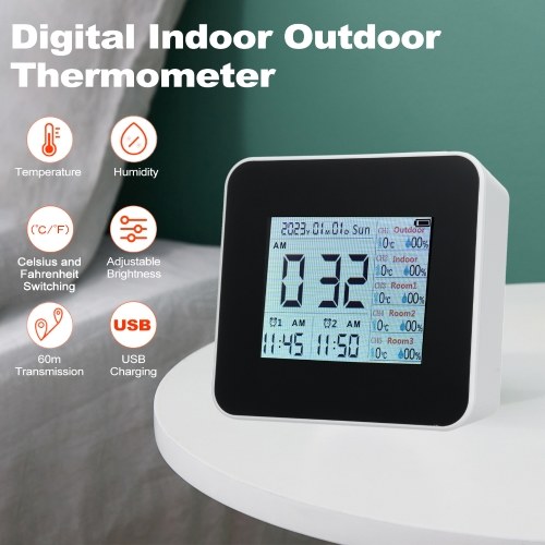 13-in-1 Digital Hygrometer Indoor Outdoor Thermometer with 3 Remote Sensors Multifunctional Weather Clock Wireless Temperature Humidity Monitor Gauge with 60M Range