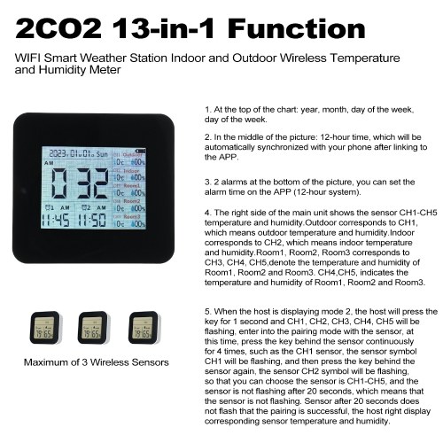 13-in-1 Digital Hygrometer Indoor Outdoor Thermometer with 3 Remote Sensors Multifunctional Weather Clock Wireless Temperature Humidity Monitor Gauge with 60M Range