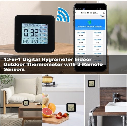 13-in-1 Digital Hygrometer Indoor Outdoor Thermometer with 3 Remote Sensors Multifunctional Weather Clock Wireless Temperature Humidity Monitor Gauge with 60M Range