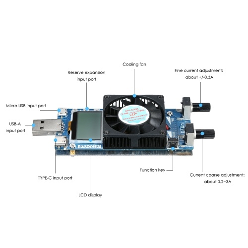 

Multi-functional 0.2A~3A 35W LCD USB Electronic Load Tester Module Adjustable Constant Current Resistance Power Battery Tester with Cooling Fan