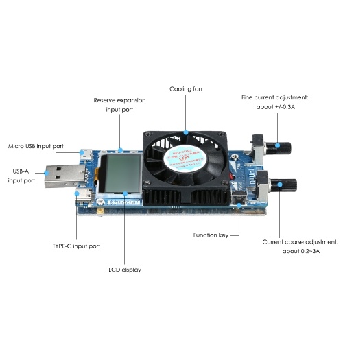 Multi-functional 0.2A~3A 35W LCD USB Electronic Load Tester Module Adjustable Constant Current Resistance Power Battery Tester with Cooling Fan