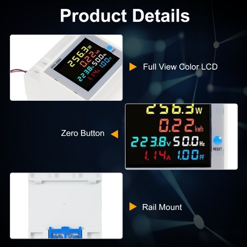 D52-2065 6-in-1 Digital Single Phase Energy Meter Tester Din Rail AC Monitor Voltage Current Power Factor Active KWH AC 40V~300V 100A Electricity Usage Monitor 