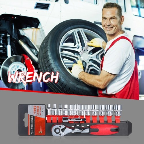 

14-Piece 1/4" Ratcheting Socket Wrench Set Quick Release Reversible Ratchet Handle Swappable Spanners 2-Inch Extension Bar with Hanging Rack
