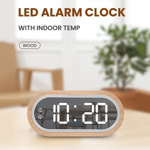 Beech Wood Digital Clock Dual Alarm Snooze USB Alarm Clock Table Thermometer Electronic LED Wooden Desk Clock 4-Level Brightness for Living Room Office 