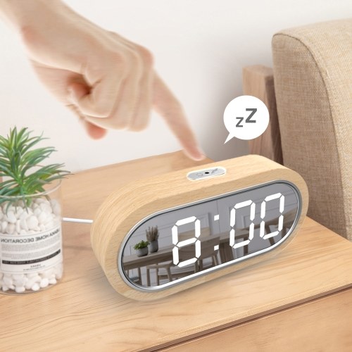 Beech Wood Digital Clock Dual Alarm Snooze USB Alarm Clock Table Thermometer Electronic LED Wooden Desk Clock 4-Level Brightness for Living Room Office 