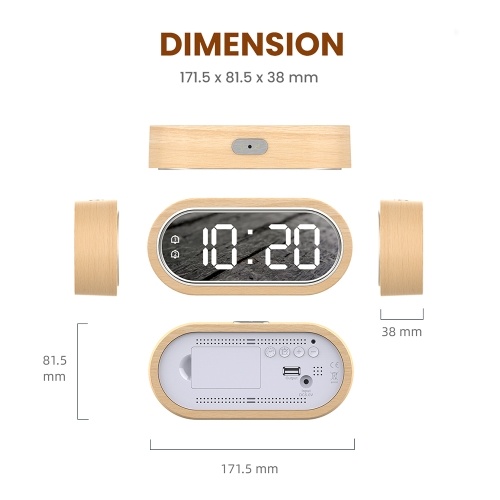 Beech Wood Digital Clock Dual Alarm Snooze USB Alarm Clock Table Thermometer Electronic LED Wooden Desk Clock 4-Level Brightness for Living Room Office 