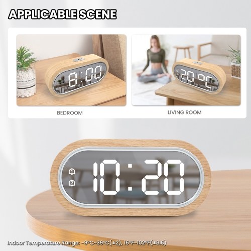 Beech Wood Digital Clock Dual Alarm Snooze USB Alarm Clock Table Thermometer Electronic LED Wooden Desk Clock 4-Level Brightness for Living Room Office 