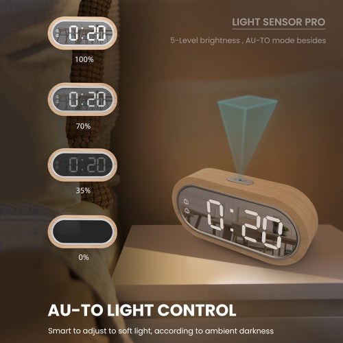 Beech Wood Digital Clock Dual Alarm Snooze USB Alarm Clock Table Thermometer Electronic LED Wooden Desk Clock 4-Level Brightness for Living Room Office 