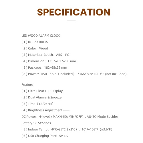 Beech Wood Digital Clock Dual Alarm Snooze USB Alarm Clock Table Thermometer Electronic LED Wooden Desk Clock 4-Level Brightness for Living Room Office 