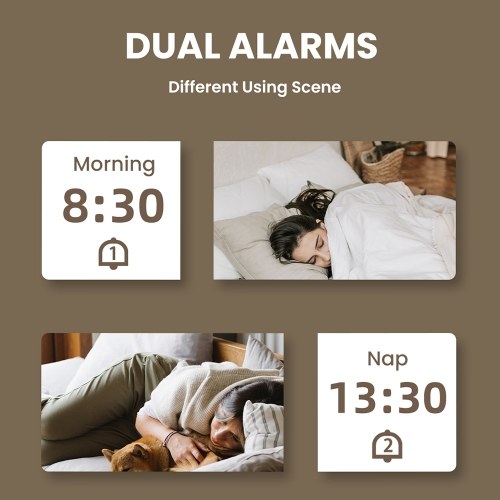 Beech Wood Digital Clock Dual Alarm Snooze USB Alarm Clock Table Thermometer Electronic LED Wooden Desk Clock 4-Level Brightness for Living Room Office 