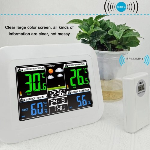 Multifunctional Home/Office Weather Station Color Digital Display Clock Outdoor and Indoor Temperature Tester Hygrometer Weather Forecast Table Clock 