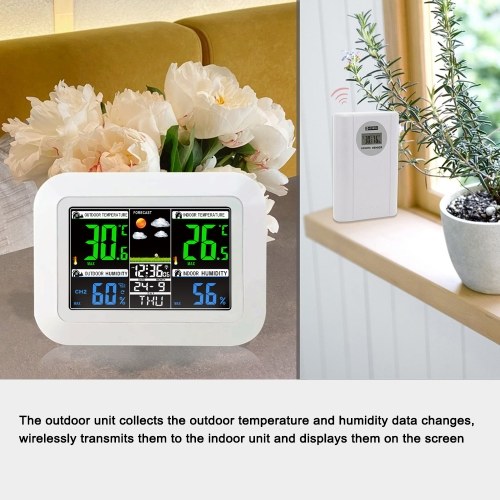 Multifunctional Home/Office Weather Station Color Digital Display Clock Outdoor and Indoor Temperature Tester Hygrometer Weather Forecast Table Clock 