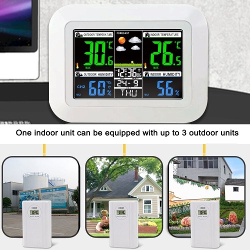 Multifunctional Home/Office Weather Station Color Digital Display Clock Outdoor and Indoor Temperature Tester Hygrometer Weather Forecast Table Clock 