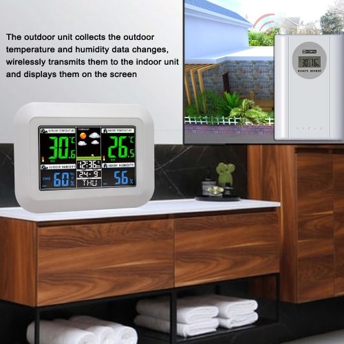 Multifunctional Home/Office Weather Station Color Digital Display Clock Outdoor and Indoor Temperature Tester Hygrometer Weather Forecast Table Clock 