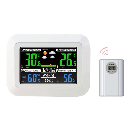 Multifunctional Home/Office Weather Station Color Digital Display Clock Outdoor and Indoor Temperature Tester Hygrometer Weather Forecast Table Clock 