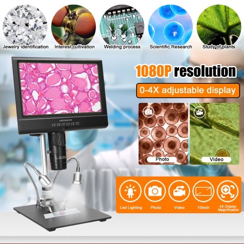 Professional Digital Microscope 1080P 10inch LCD Display 4X Display Magnification Soldering Microscope Picture Taking Video Recording Maintenance Workbench with LED Shadowless Lamp 