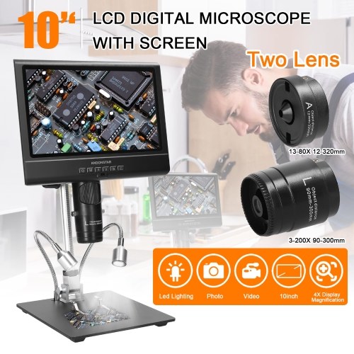 Professional Digital Microscope 1080P 10inch LCD Display 4X Display Magnification Soldering Microscope Picture Taking Video Recording Maintenance Workbench with LED Shadowless Lamp 
