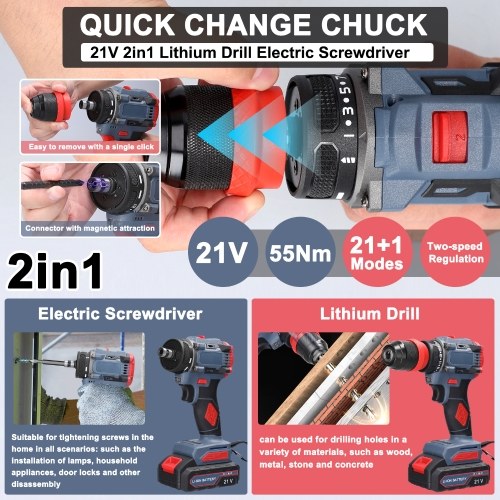 21V 2in1 Lithium Drill Electric Screwdriver 55Nm Torque Brushless Motor Practical Screw Driver for Home Appliances Furniture Installation Automotive Electronics Repairing (without Battery) 